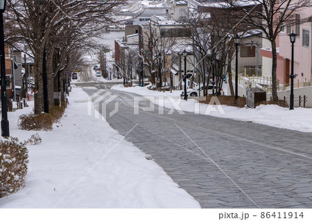 冬の北海道函館市内、函館山麓の坂道のひとつ「八幡坂」。 86411914