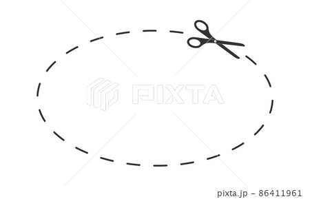 Scissors cutting oval shape with dotted line. Cut here pictogram for paper discount coupon, voucher, promo code. Graphic vector illustration Scissors cutting oval shape with dotted line. Cut here pictogram for paper discount coupon, voucher, promo code. Graphic vector illustration 86411961