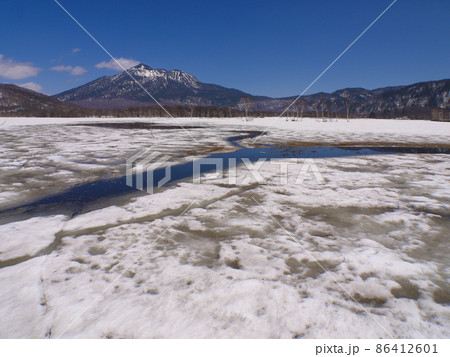 春の尾瀬・残雪に覆われた尾瀬ヶ原 86412601