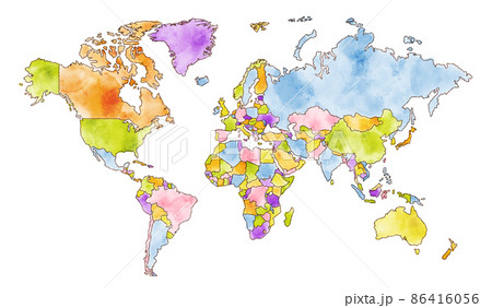 水彩とクレヨンの素朴な手描き世界地図のイラスト素材