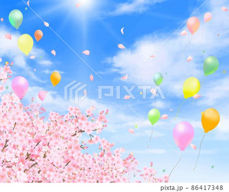 爽やかな光差し込む青空に美しく華やかな花びら舞い散る春の桜と風船の飛ぶ白バックフレーム背景素材 86417348