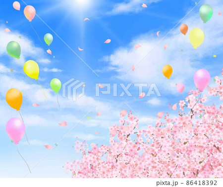 爽やかな光差し込む青空に美しく華やかな花びら舞い散る春の桜と風船の飛ぶ白バックフレーム背景素材 86418392