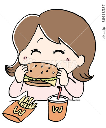 ハンバーガーを食べる女性のイラスト素材