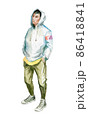 Figures of young people in casual clothes. They go to the viewer. Full-length. Watercolor illustration 86418841