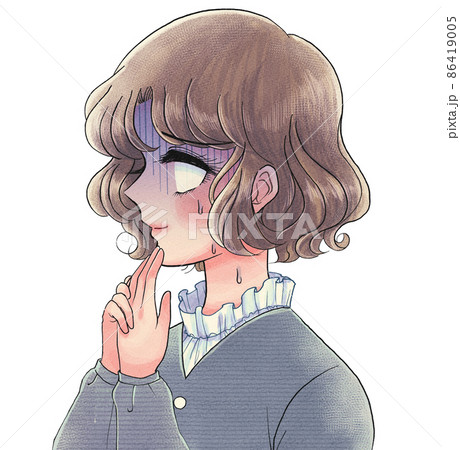 古い少女漫画風・白目で不安になる横顔のお姉さん 86419005