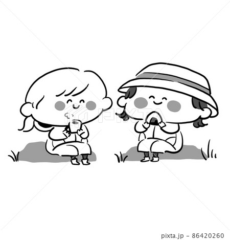 山登り ハイキングを楽しむ女性二人組の手描きイラスト素材 モノクロのイラスト素材