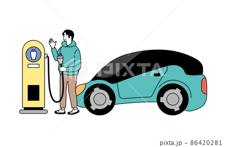 男性がステーションで電気自動車を充電しているイラスト 86420281