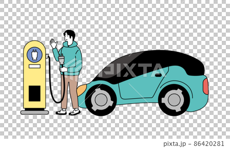 男性がステーションで電気自動車を充電しているイラスト 86420281
