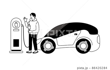 男性がステーションで電気自動車を充電しているイラスト 男性がステーションで電気自動車を充電しているイラスト 86420284