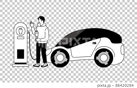 男性がステーションで電気自動車を充電しているイラスト 男性がステーションで電気自動車を充電しているイラスト 86420284