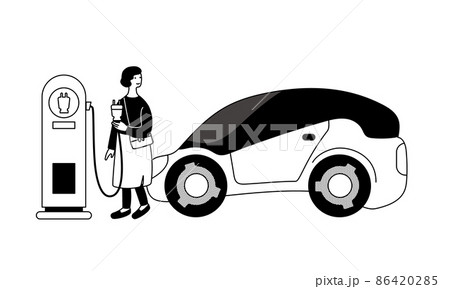 女性がステーションで電気自動車を充電しているイラスト 女性がステーションで電気自動車を充電しているイラスト 86420285