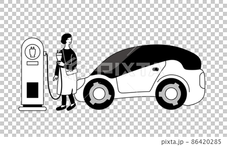 女性がステーションで電気自動車を充電しているイラスト 女性がステーションで電気自動車を充電しているイラスト 86420285