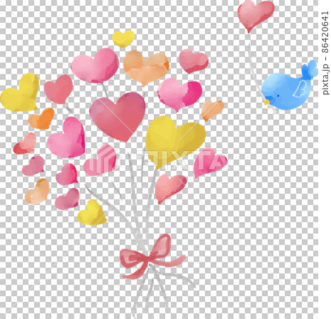 ハートの風船の束と小鳥  カラフル　ピンクと黄色 水彩風 86420641