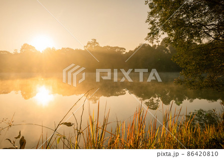 Morning fog lifts off a lake state sunrise on a cool September morning 86420810