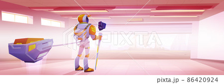Astronaut in hangar and drilling rig outside Astronaut in hangar and drilling rig outside 86420924
