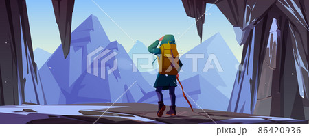 Traveler man at mountain cave entrance rear view Traveler man at mountain cave entrance rear view 86420936