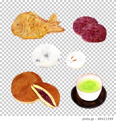 手繪水彩插圖,描繪了一套以紅豆沙和綠茶為餡料的日式點心(萩餅、銅鑼燒、鯛魚燒、大福和兔子麵包)。 手繪水彩插圖,描繪了一套以紅豆沙和綠茶為餡料的日式點心(萩餅、銅鑼燒、鯛魚燒、大福和兔子麵包)。 86421399