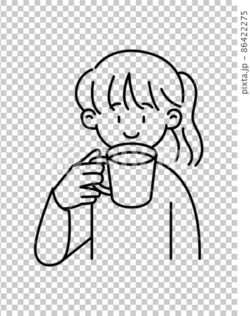 笑顔でコーヒーを飲む女性・線画 86422275