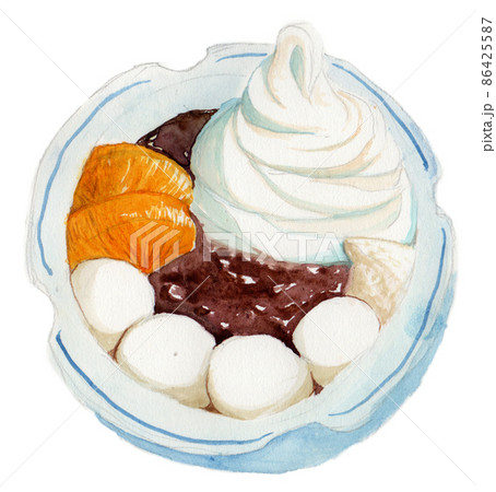 水彩画で手描きされたひんやりして美味しそうな白玉クリームあんみつ 86425587