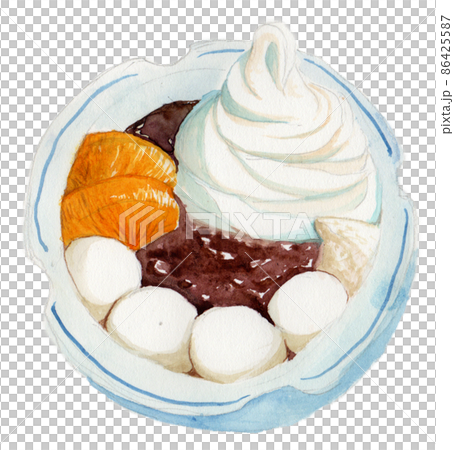 水彩画で手描きされたひんやりして美味しそうな白玉クリームあんみつ 86425587