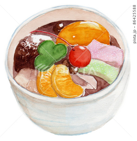 水彩画で手描きされたひんやりして美味しそうなフルーツあんみつ 86425588