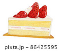 水彩絵の具で手描きされた、たっぷりイチゴが乗った美味しそうな生クリームとスポンジのケーキ 86425595