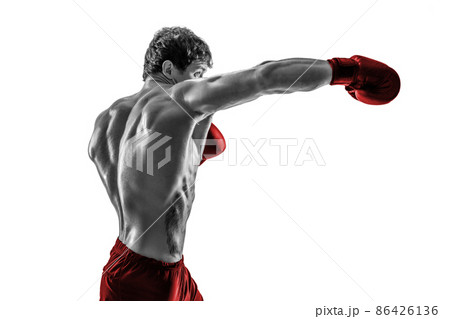 Side view of boxer in red gloves who practicing swing on white background. Black and white Side view of boxer in red gloves who practicing swing on white background. Black and white 86426136