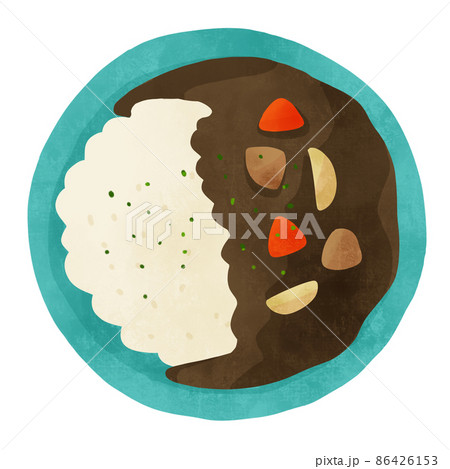 カレーライス 真上アングルの手描きイラストのイラスト素材