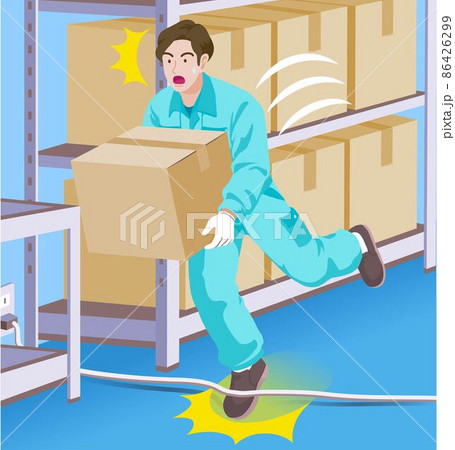 ヒヤリハット　男性　作業員　転倒災害　転倒事故　荷物を運ぶ　コードに引っかかる　カラー　 86426299