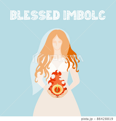 Pagan festival Imbolk illustration with bride Brigid, fire and seed. Vector art for a greeting card, logo, web, print.  86428819