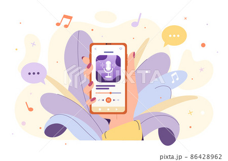 Flat hand hold smartphone with app for listening podcast 86428962