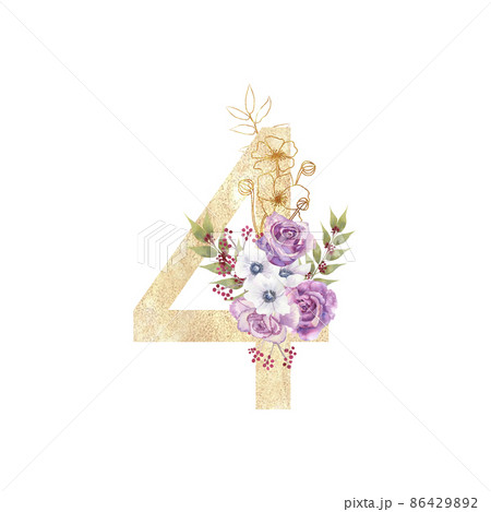 Design of a golden number 4 with flower bouquets of purple roses, anemones, etc. decor . Watercolor illustration on a white background. Wedding and birthday invitations 86429892