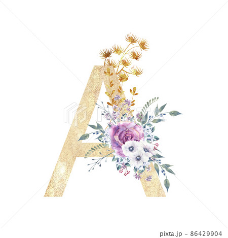 Golden letter A of the English alphabet with a bouquet of purple roses and anemones on a white isolated background. Hand-drawn watercolor illustration 86429904