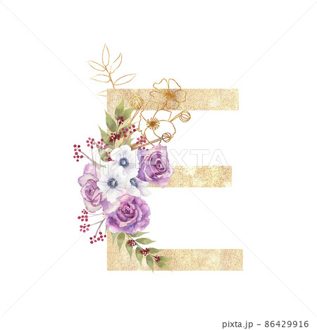 Golden letter E of the English alphabet with a bouquet of purple roses and anemones on a white isolated background. Hand-drawn watercolor illustration Golden letter E of the English alphabet with a bouquet of purple roses and anemones on a white isolated background. Hand-drawn watercolor illustration 86429916