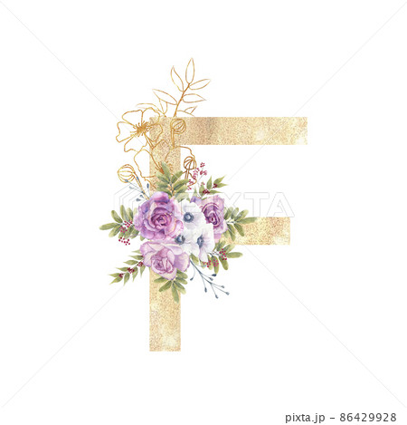 Golden letter F of the English alphabet with a bouquet of purple roses and anemones on a white isolated background. Hand-drawn watercolor illustration Golden letter F of the English alphabet with a bouquet of purple roses and anemones on a white isolated background. Hand-drawn watercolor illustration 86429928