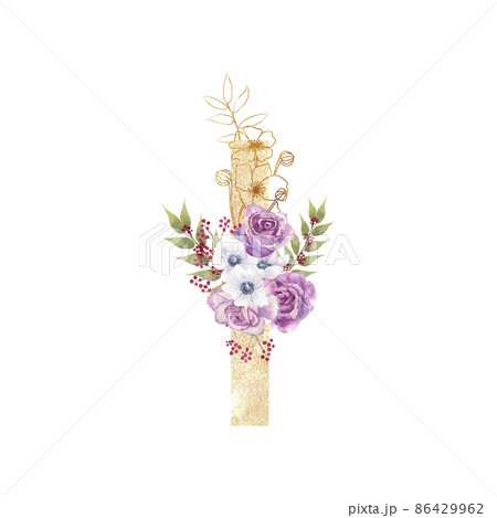 Golden letter I of the English alphabet with a bouquet of purple roses and anemones on a white isolated background. Hand-drawn watercolor illustration Golden letter I of the English alphabet with a bouquet of purple roses and anemones on a white isolated background. Hand-drawn watercolor illustration 86429962