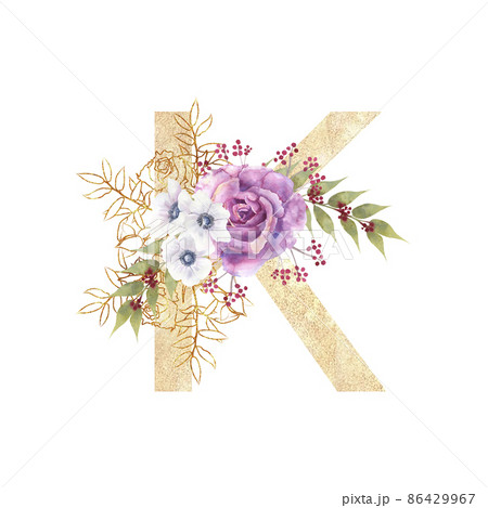 Golden letter K of the English alphabet with a bouquet of purple roses and anemones on a white isolated background. Hand-drawn watercolor illustration Golden letter K of the English alphabet with a bouquet of purple roses and anemones on a white isolated background. Hand-drawn watercolor illustration 86429967