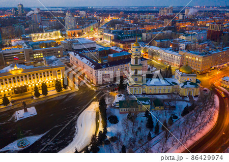View from drone of main square in Lipetsk on winter evening 86429974