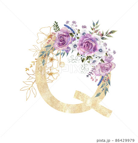 Golden letter q of the English alphabet with a bouquet of purple roses and anemones on a white isolated background. Hand-drawn watercolor illustration Golden letter q of the English alphabet with a bouquet of purple roses and anemones on a white isolated background. Hand-drawn watercolor illustration 86429979