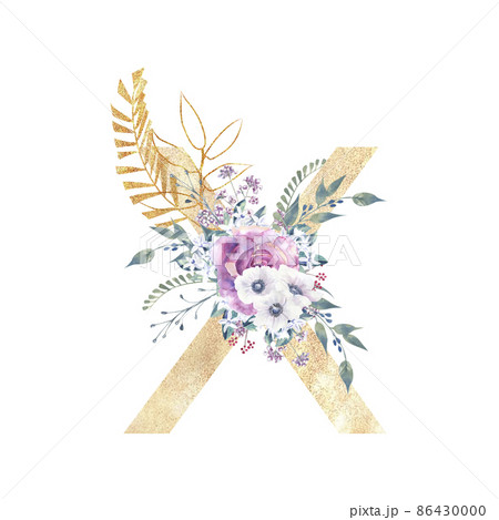 Golden letter x of the English alphabet with a bouquet of purple roses and anemones on a white isolated background. Hand-drawn watercolor illustration Golden letter x of the English alphabet with a bouquet of purple roses and anemones on a white isolated background. Hand-drawn watercolor illustration 86430000
