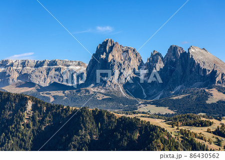 Sassolungo and Sassopiatto mountains of Langkofel Group. Seiser Alm, South Tyrol, Italy. 86430562