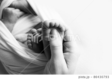 Mother is doing massage on her baby foot. Closeup baby feet in mother hands. Prevention of flat feet, development, muscle tone, dysplasia. Family, love, care, health concepts. Black and white macro. Mother is doing massage on her baby foot. Closeup baby feet in mother hands. Prevention of flat feet, development, muscle tone, dysplasia. Family, love, care, health concepts. Black and white macro. 86430793