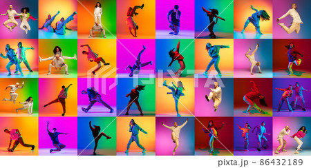 Collage with break dance or hip hop dancers dancing isolated over multicolored background in neon. Youth culture, movement, music, fashion, action. Collage with break dance or hip hop dancers dancing isolated over multicolored background in neon. Youth culture, movement, music, fashion, action. 86432189