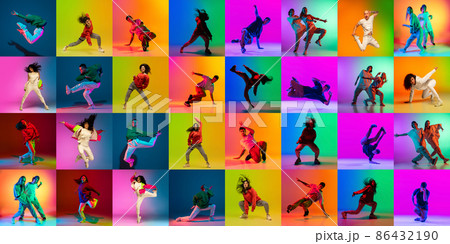 Collage with break dance or hip hop dancers dancing isolated over multicolored background in neon. Youth culture, movement, music, fashion, action. Collage with break dance or hip hop dancers dancing isolated over multicolored background in neon. Youth culture, movement, music, fashion, action. 86432190