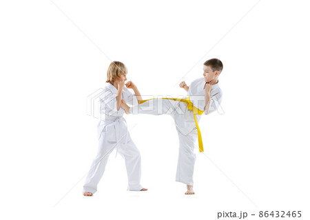 Dynamic portrait of two little boys, taekwondo or karate athletes wearing doboks training together isolated on white background. Concept of sport, martial arts 86432465