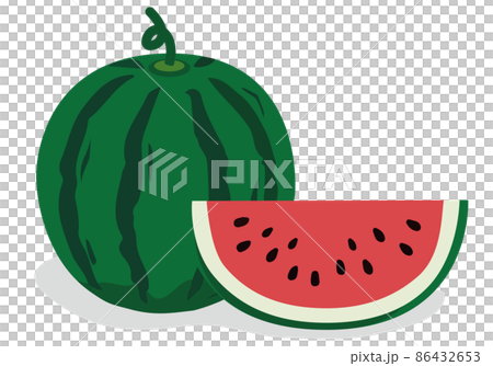 [Vector] Hand-drawn style watermelon illustration. A summery cutout image of a whole watermelon and an 1/8 cut of red fruit lined up on a white background. 86432653