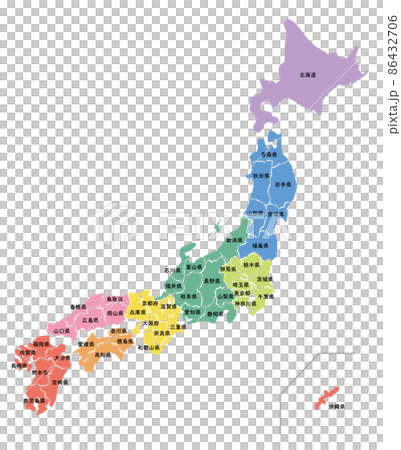 日本地図(地方区分)県名入り 日本地図(地方区分)県名入り 86432706