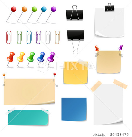 Vector paper clips binders, pins and note papers. Office supplies 86433476