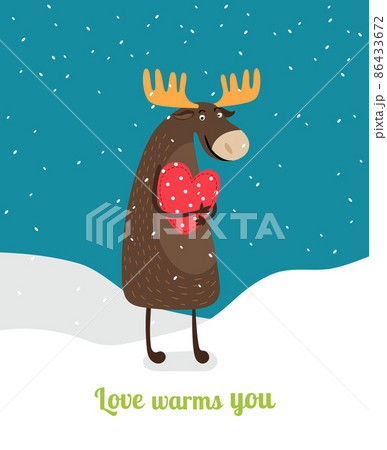 Love warms you. Cute moose hugging big red heart under falling snowflakes Love warms you. Cute moose hugging big red heart under falling snowflakes 86433672