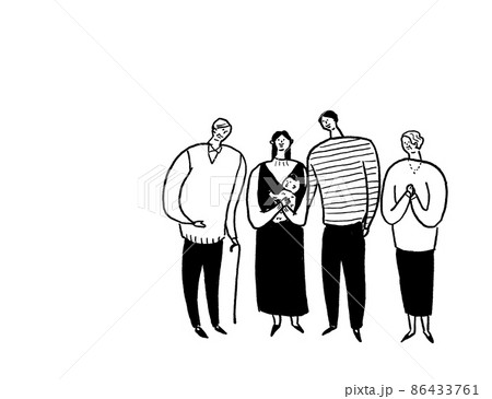 赤ちゃんを抱いた女性、男性と老父婦、家族、線画（横、右配置） 86433761